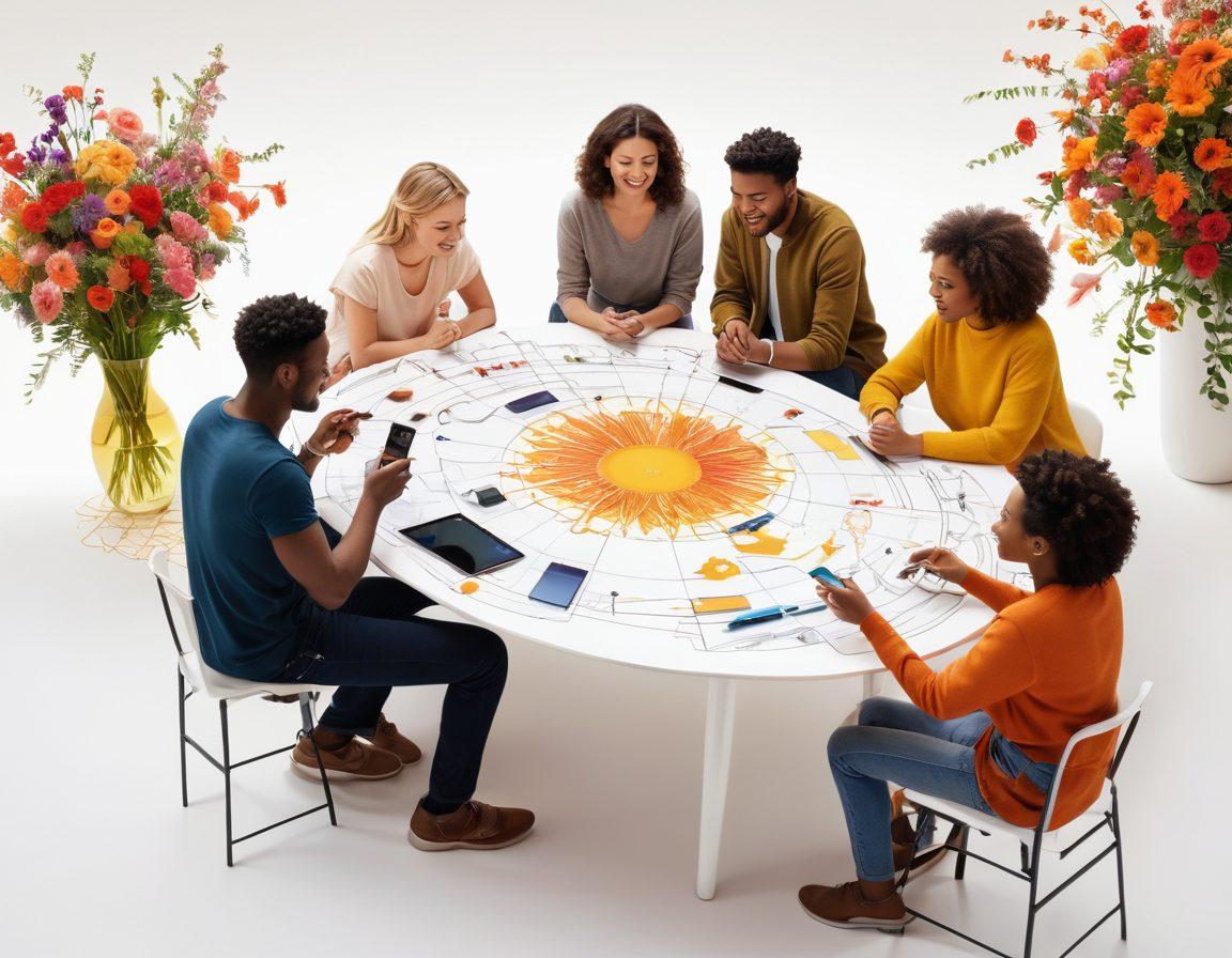 A vibrant illustration of diverse individuals engaged in dynamic conversations around a large, multi-layered table filled with creative tools and technology devices, symbolizing collaboration and innovation. The background features blooming relationships through visual metaphors like flowers and interconnected lines, representing enhanced client engagement. Emphasize bright, warm colors to convey positivity and creativity. super-realistic. vibrant colors. white background.