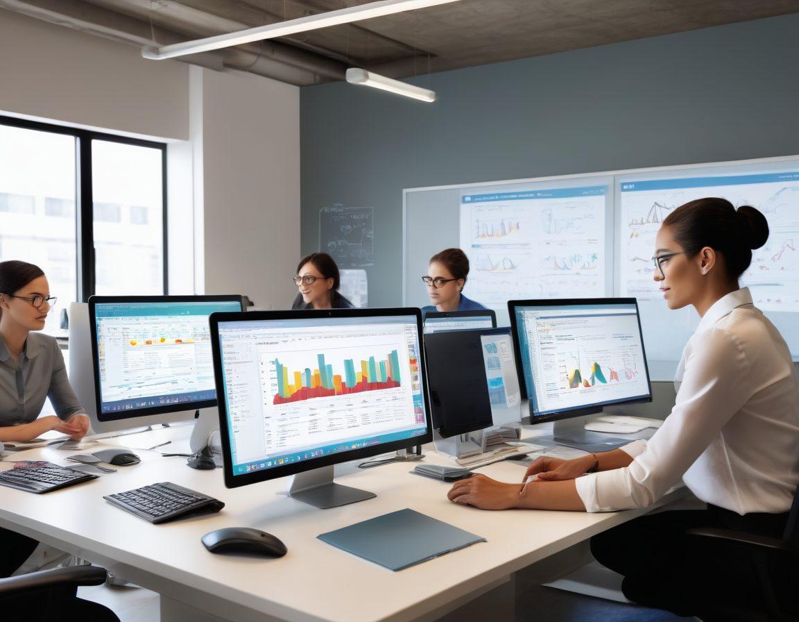 A modern office environment showcasing a diverse team collaborating on a computer, with various client management tools displayed on screens, charts illustrating client support metrics, and a whiteboard filled with ideas and techniques. The image conveys a sense of teamwork, technology, and efficiency. vibrant colors. super-realistic.