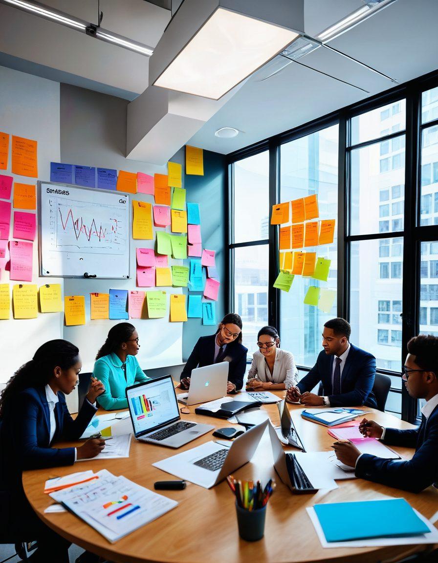 A professional scene depicting a diverse team of businesspeople engaged in a brainstorming session, showcasing charts and digital devices to illustrate client management strategies. The atmosphere should be dynamic, with expressions of collaboration and creativity. Include elements like sticky notes, laptops, and a whiteboard filled with ideas. The background can feature a modern office environment with large windows letting in natural light. super-realistic. vibrant colors. 3D.